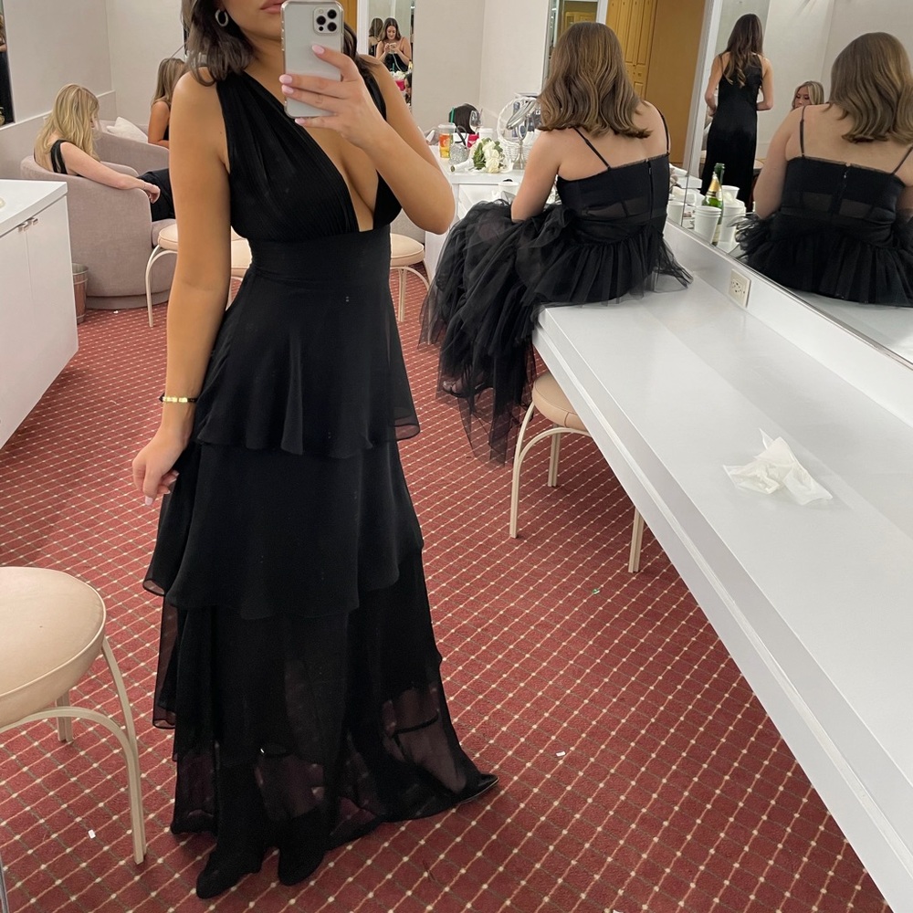 Retrofete Black Tiered V-Neck Maxi Dress